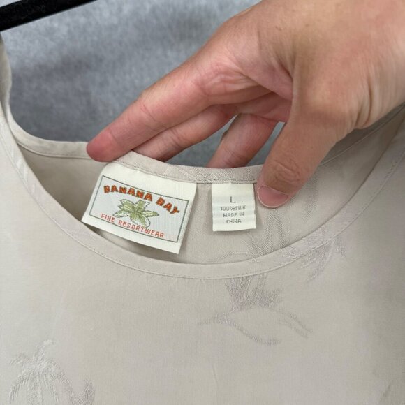 Banana Bay Womens VTG 100% Silk Shift Dress Size L Tan Palm Tree Embroidered - Picture 4 of 10